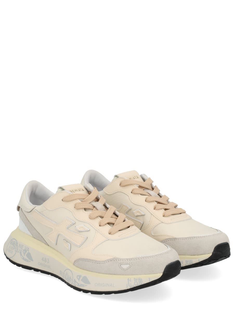 Premiata Light Beige Calf Leather Low-top Sneakers With Metallic Accents In Multi