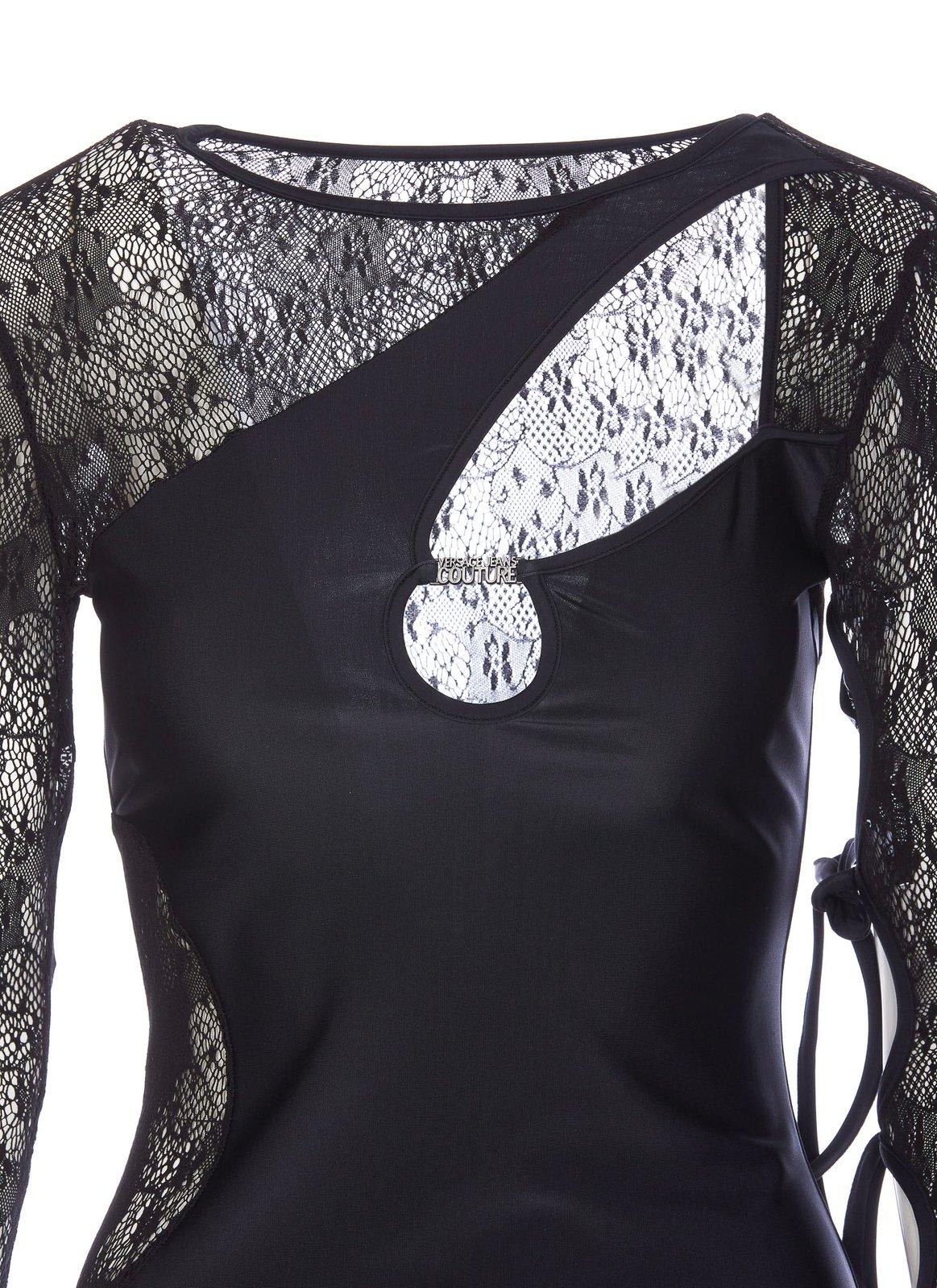 Shop Versace Jeans Couture Cut-out Detailed Lace Panelled Maxi Dress In Black