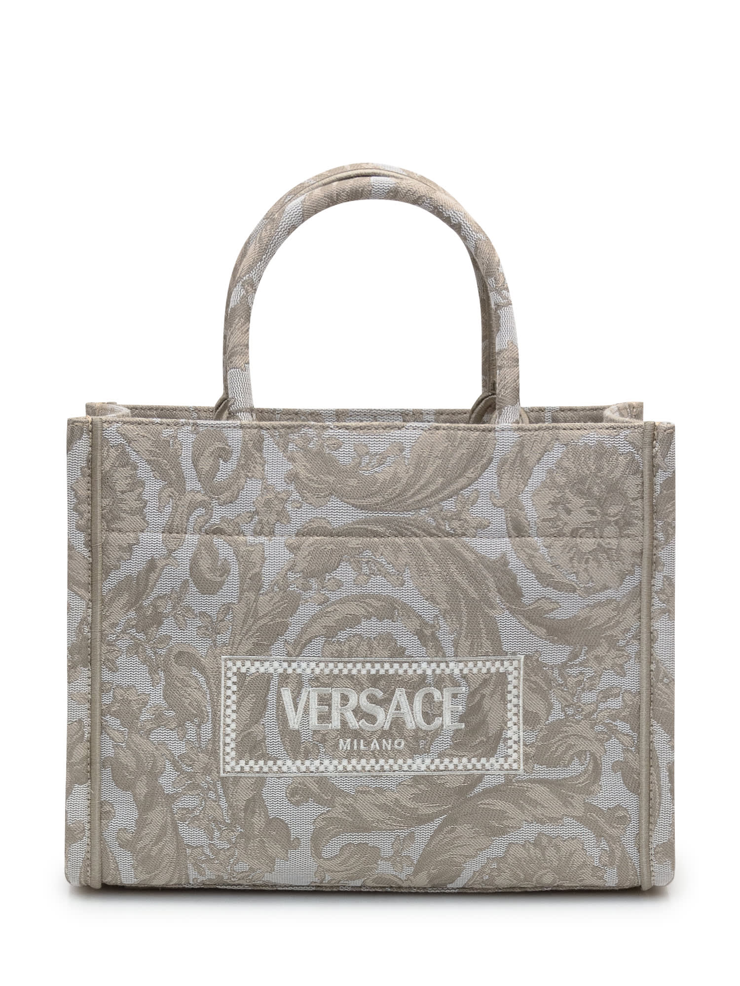 Shop Versace Small Tote Athena Barocco Bag In Beige- Gold