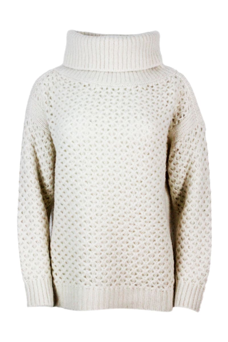 Malo Oversized Turtleneck Sweater In Precious And Soft Alpaca, Silk And Wool Yarn With Mesh Knit