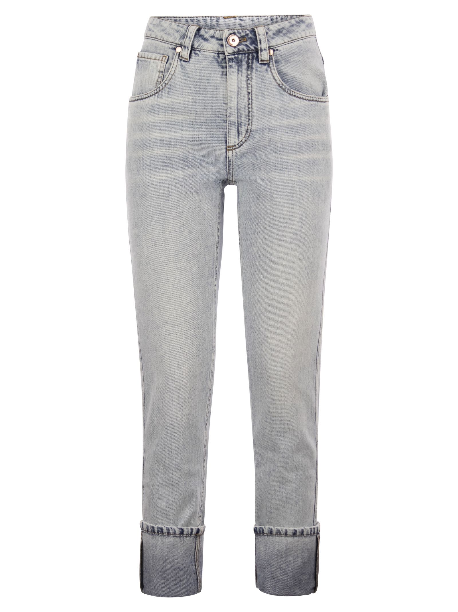 Shop Brunello Cucinelli Soft Denim Straight Trousers With Shiny Details In Blue