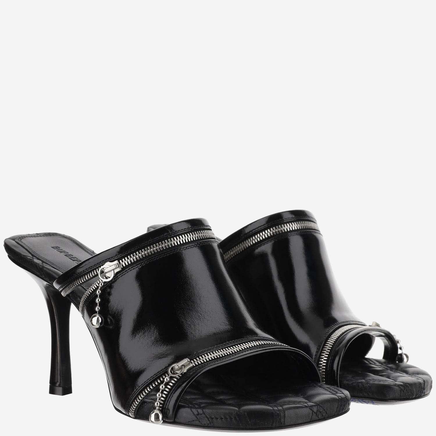 Shop Burberry Leather Peep Mules In Black
