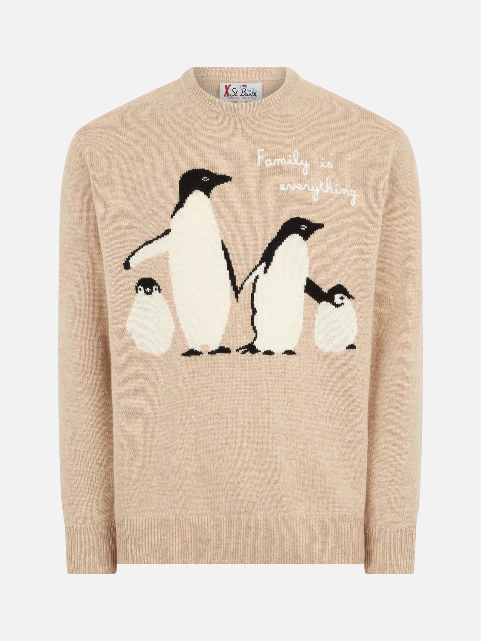 Mc2 Saint Barth Man Sweater With Penguins Print And Family Is Everything Embroidery In Beige