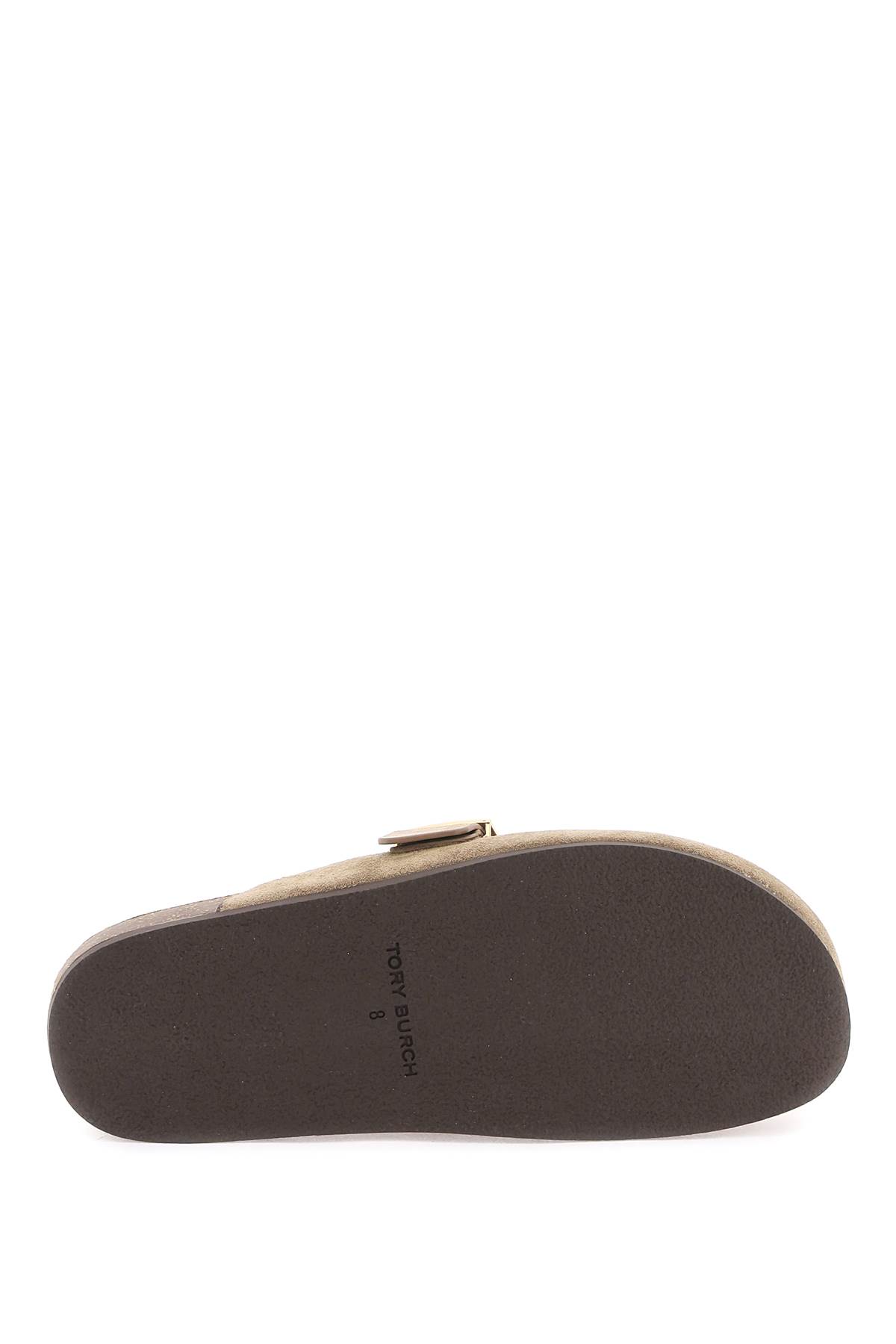 Tory Burch Mellow Logo Shearling Flat Mules In River Rock Gold (brown)