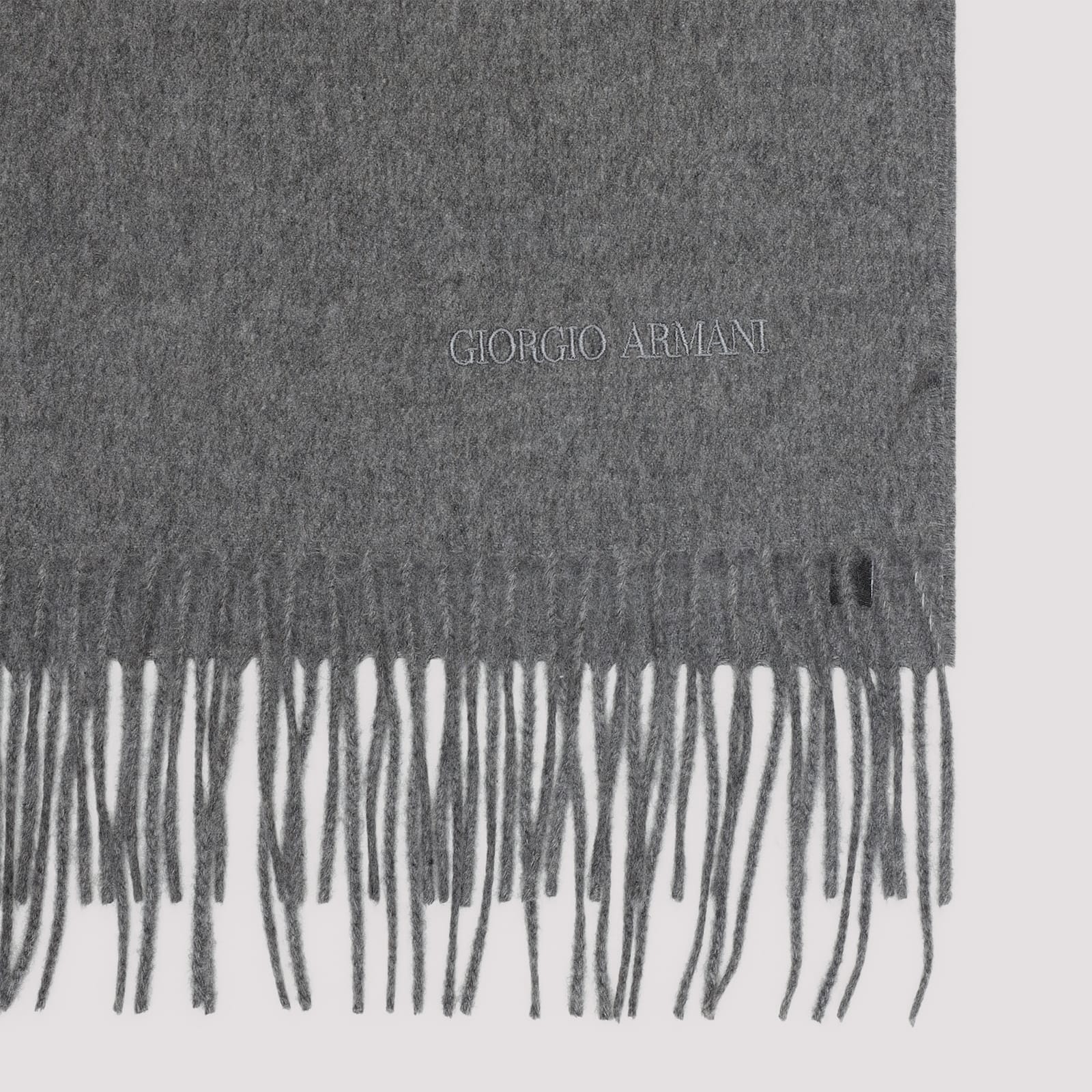 Giorgio Armani Luxe Grey Cashmere Fringed Scarf In Gray