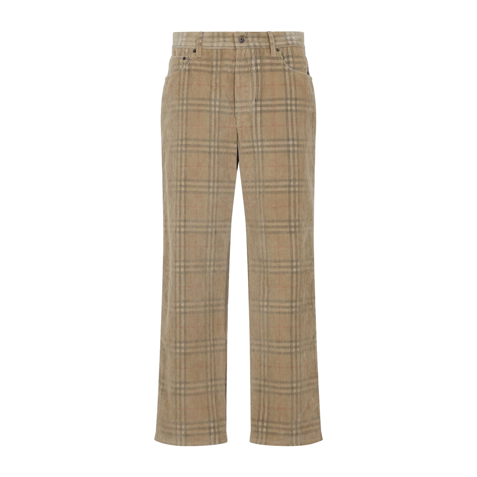 Burberry Sand-coloured Check Corduroy Trousers In Brown