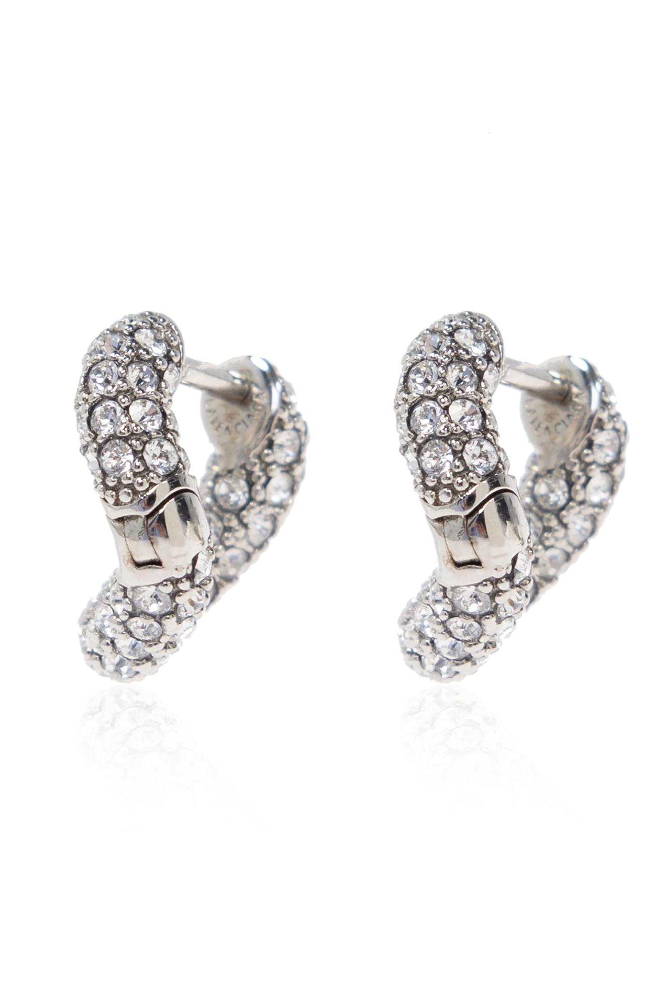 Shop Balenciaga Brass Earrings In Shiny Silver/crystal