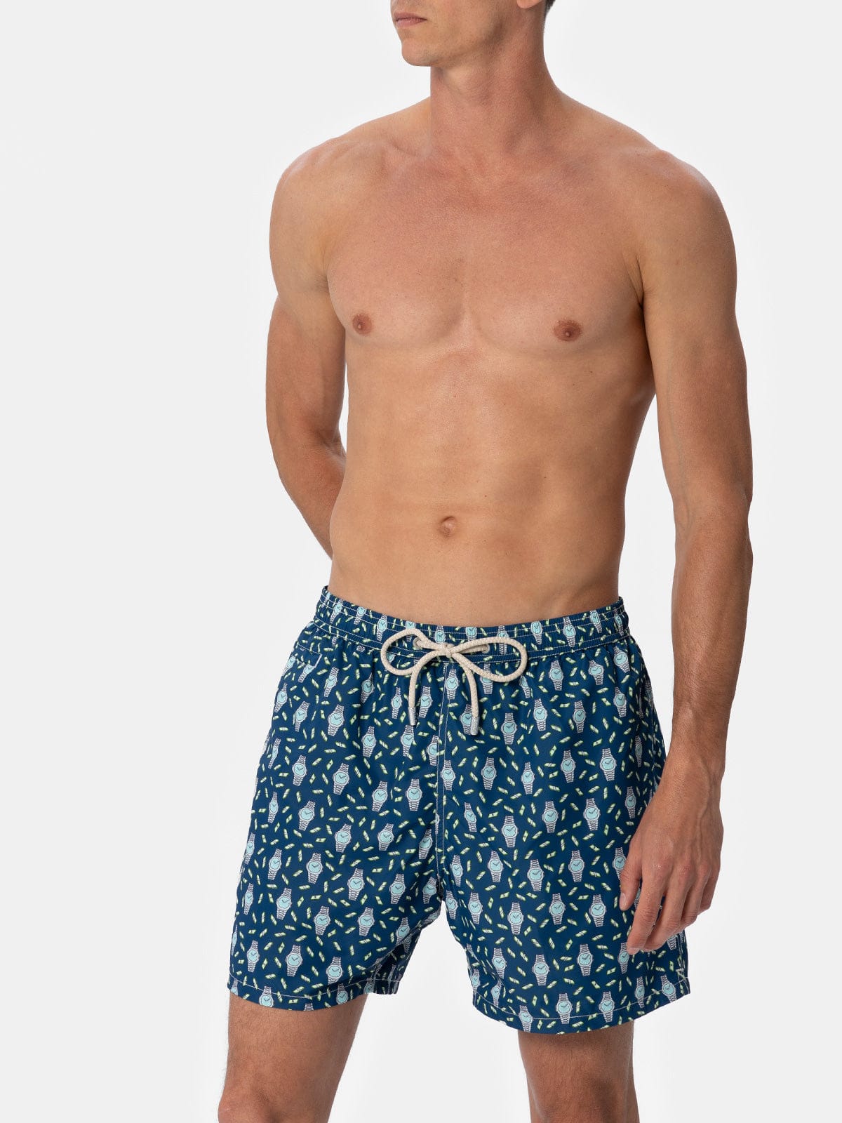Shop Mc2 Saint Barth Man Lightweight Fabric Swim-shorts Lighting Micro Fantasy With Watches Print In Blue Navy