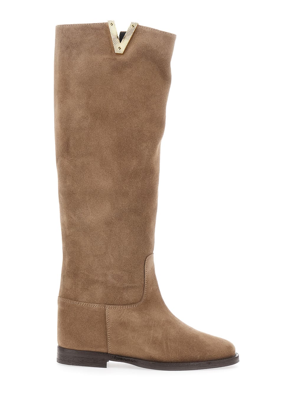 Beige Knee-high Boots With Cut-out On The Side And Logo Plaque In Suede Woman