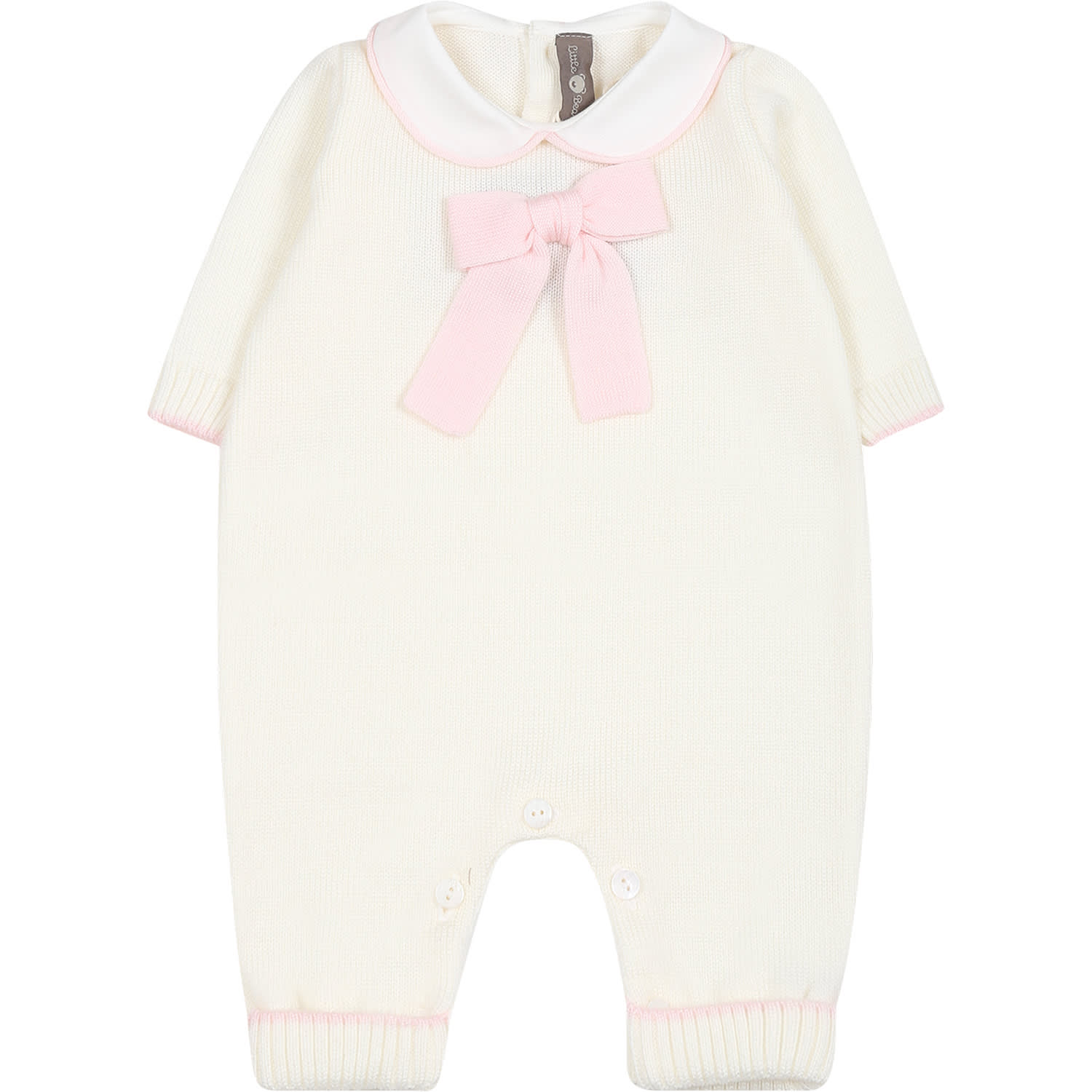 Shop Little Bear Ivory Babygrow For Baby Girl With Bow In Latte/cipria