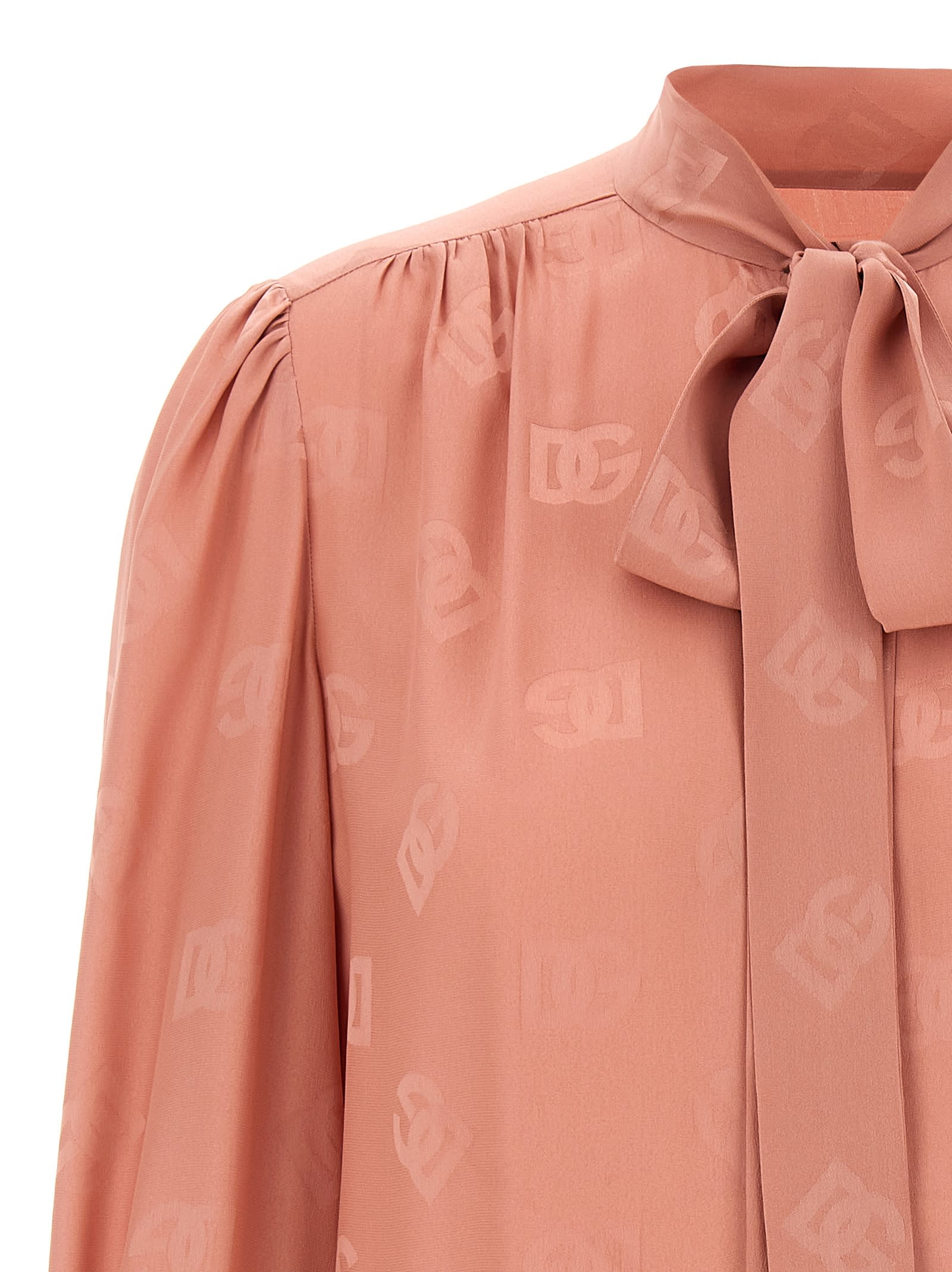 Dolce & Gabbana Silk Shirt With Puff Shoulders And Bow Detail In Pink