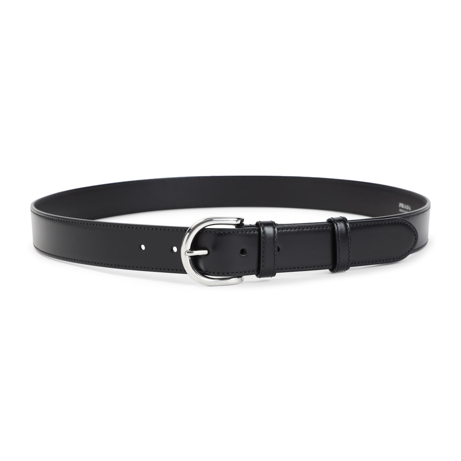 Prada Adjustable Leather Belt With Round Silver Buckle In Black