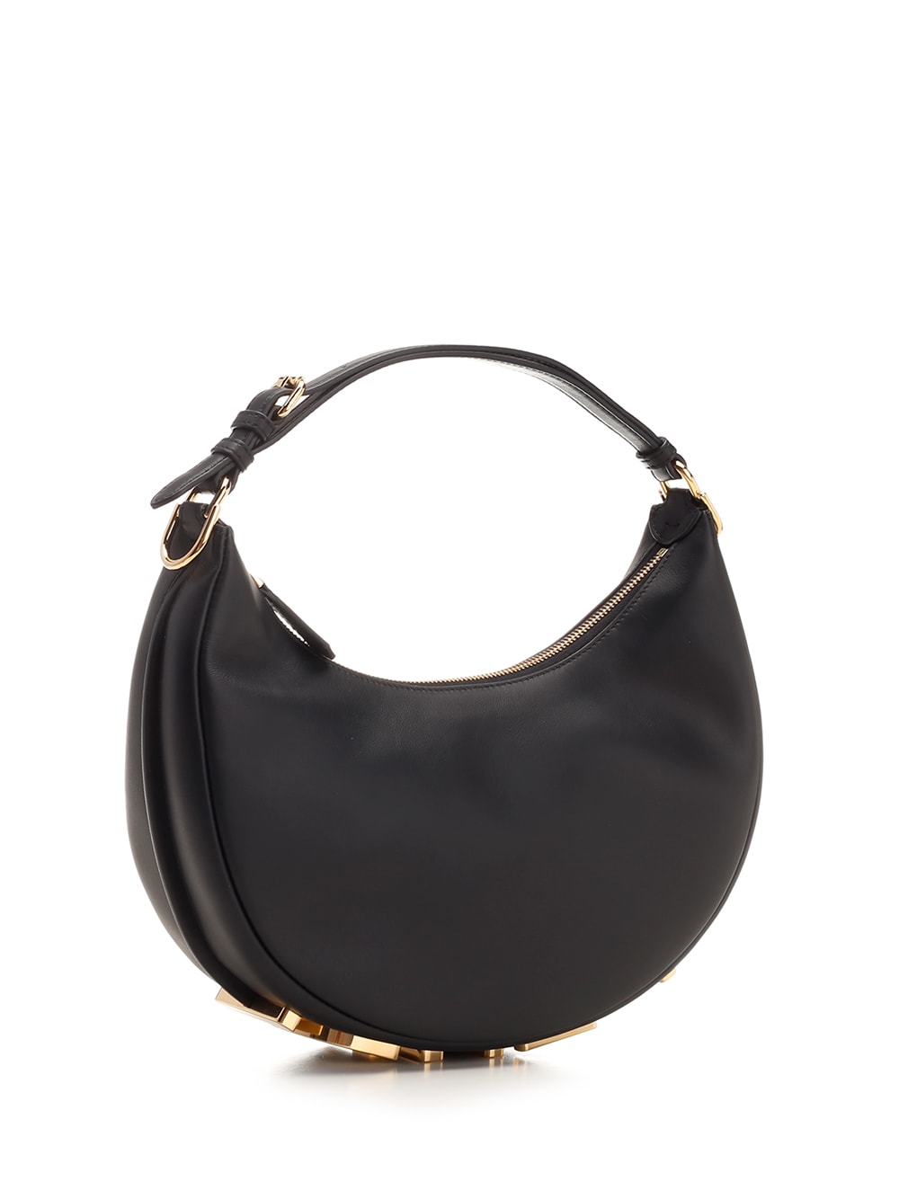 Fendi Hobo Graphy Black Leather Handbag With Metal Logo Woman In Hej Black Ovib