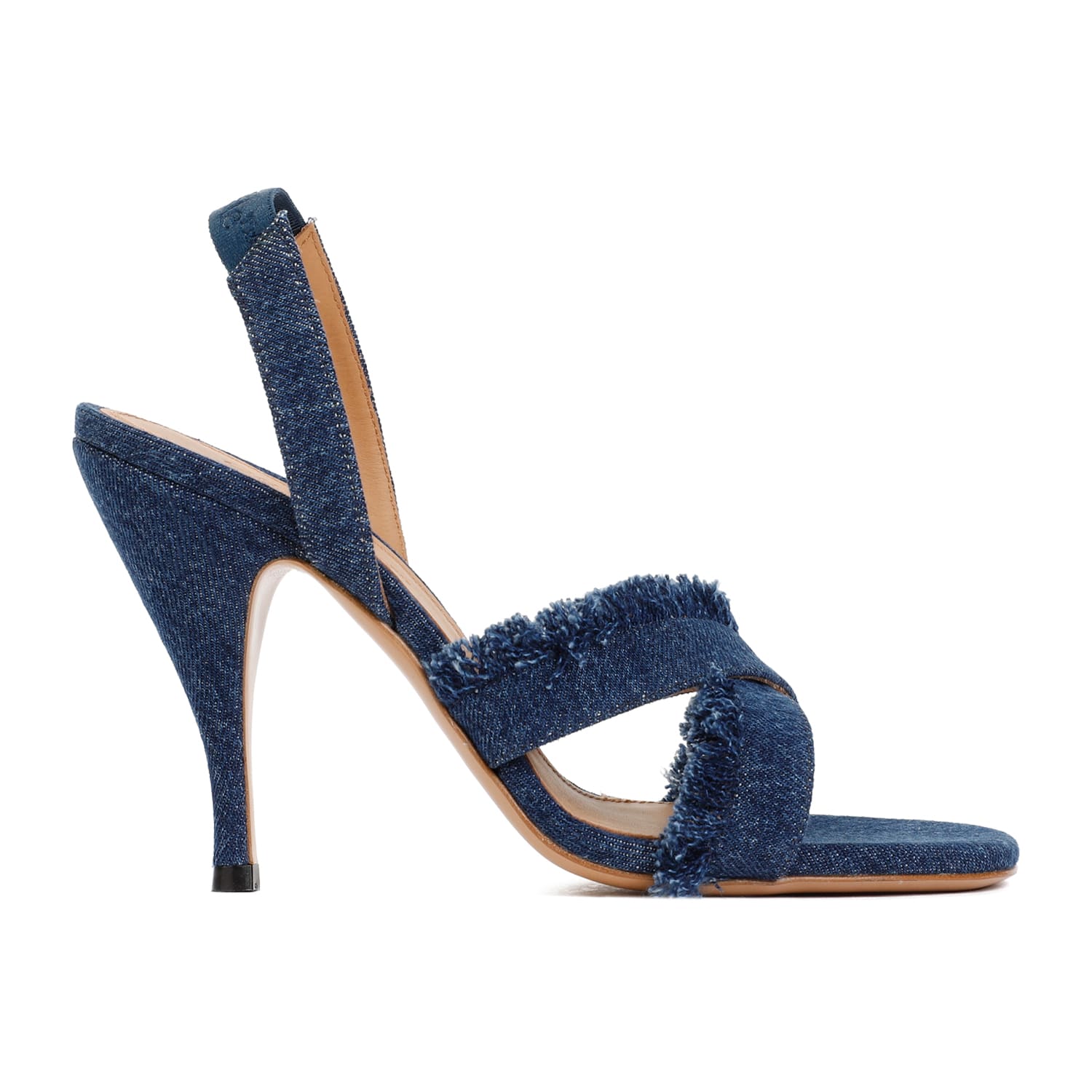 Off-white Curvy Heel Denim Sandal With Fringed Straps In Blue A Blu