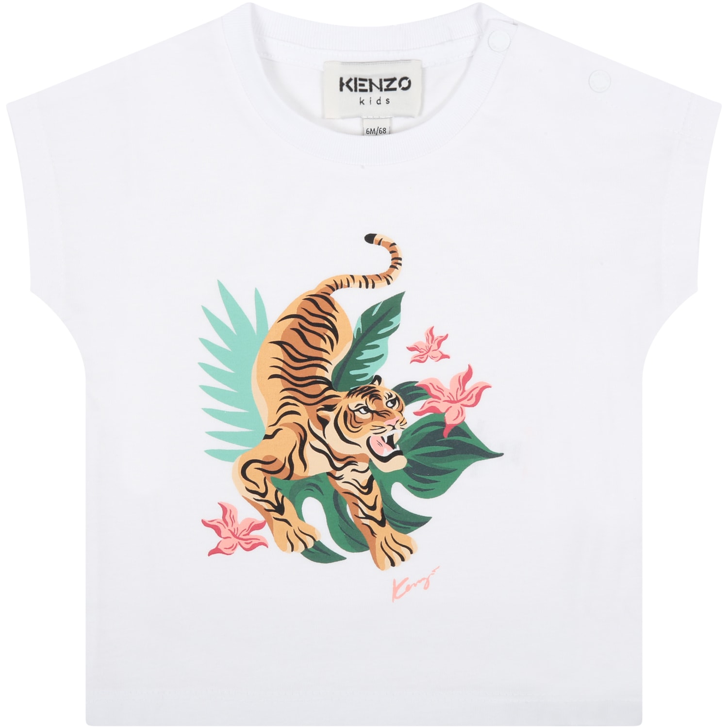 Kenzo Kids White T-shirt For Baby Girl With Tiger Anf Flowers