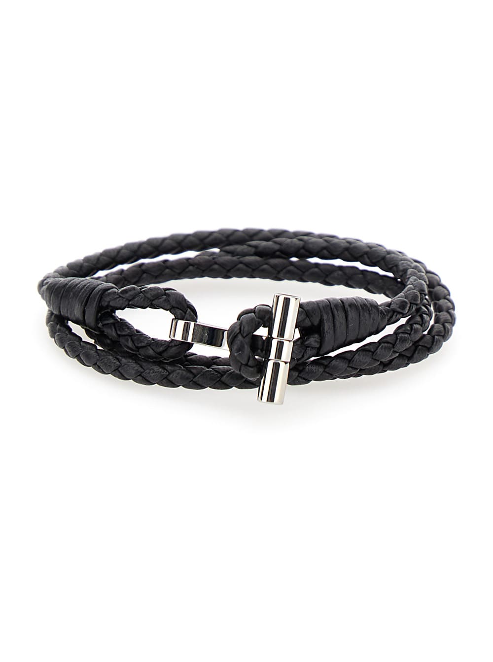 Black Bracelet With T Detail In Braided Leather Man
