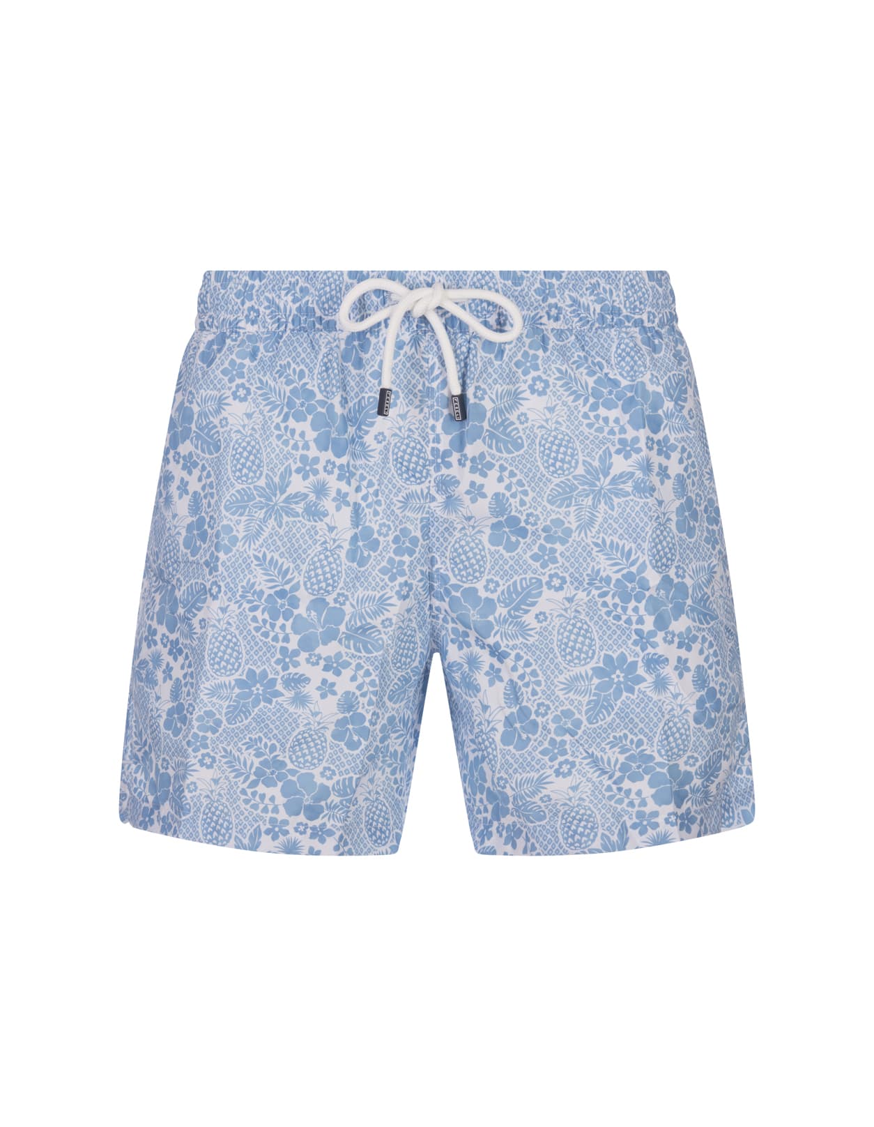 Sky Blue Swim Shorts With Tropical Pattern