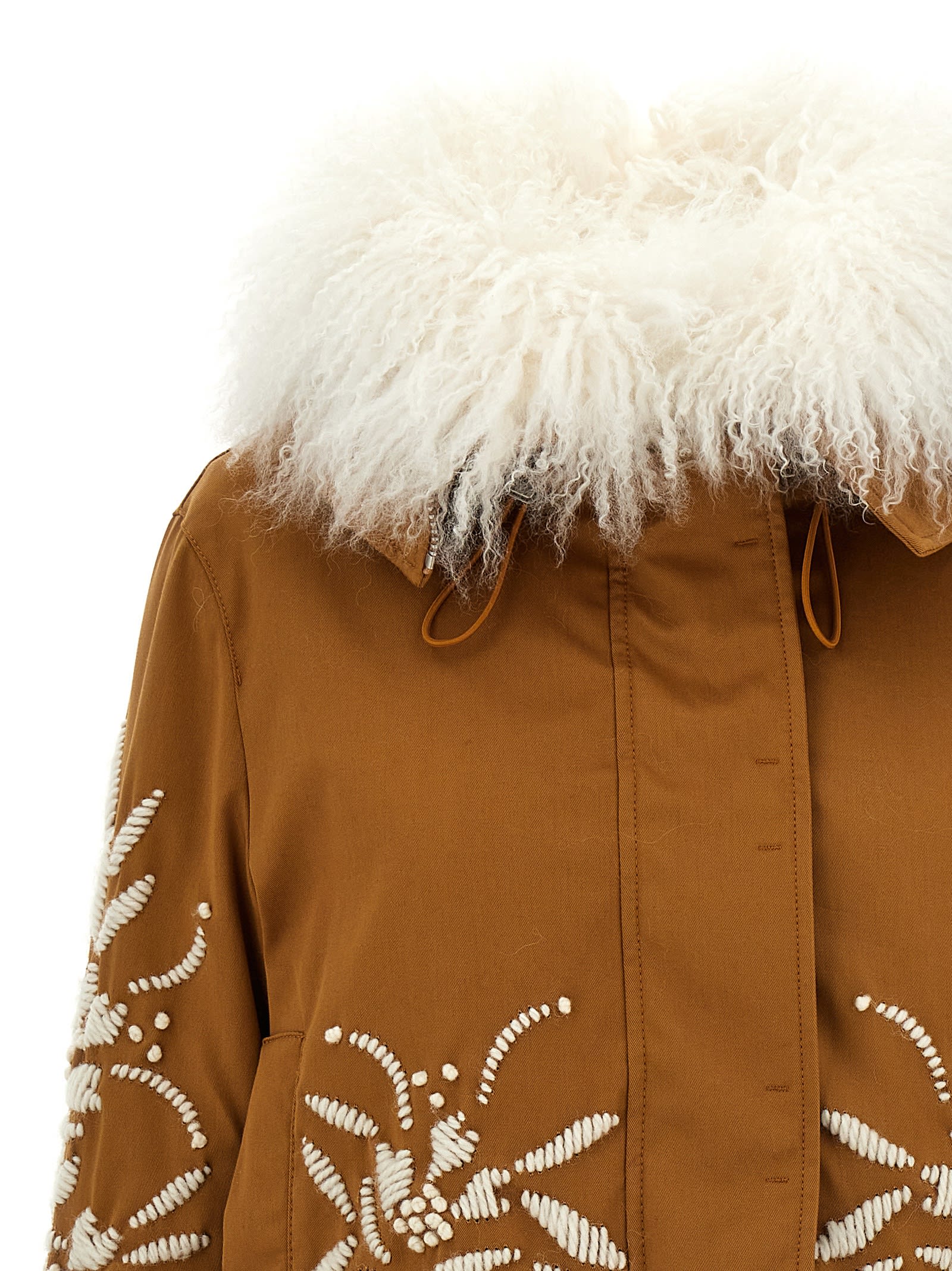 Shop Ermanno Scervino Fur Embroidery Parka In Brown