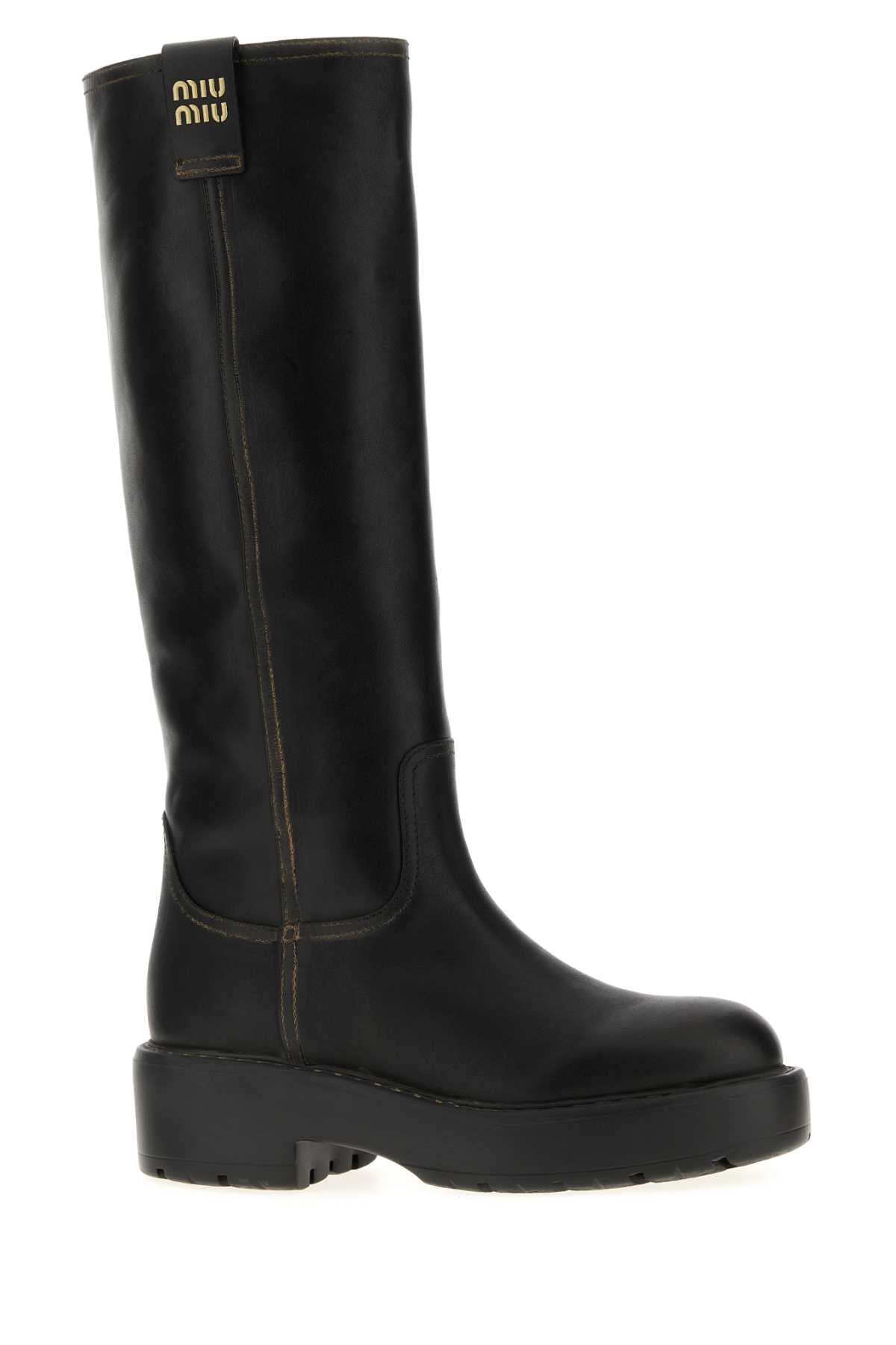 Miu Miu Leather Knee-high Boots Chunky Sole In Black