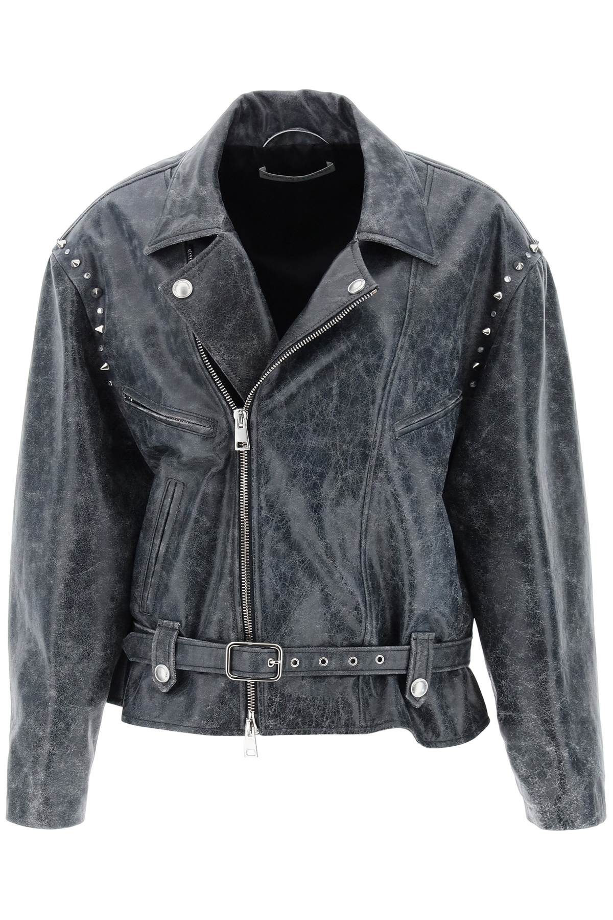 Oversized Leather Jacket With Studs And Crystals