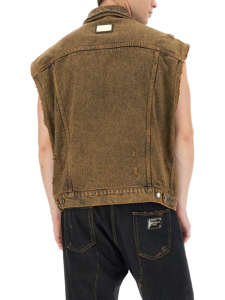 Dolce & Gabbana Sleeveless Denim Vest With Front Pockets In Brown