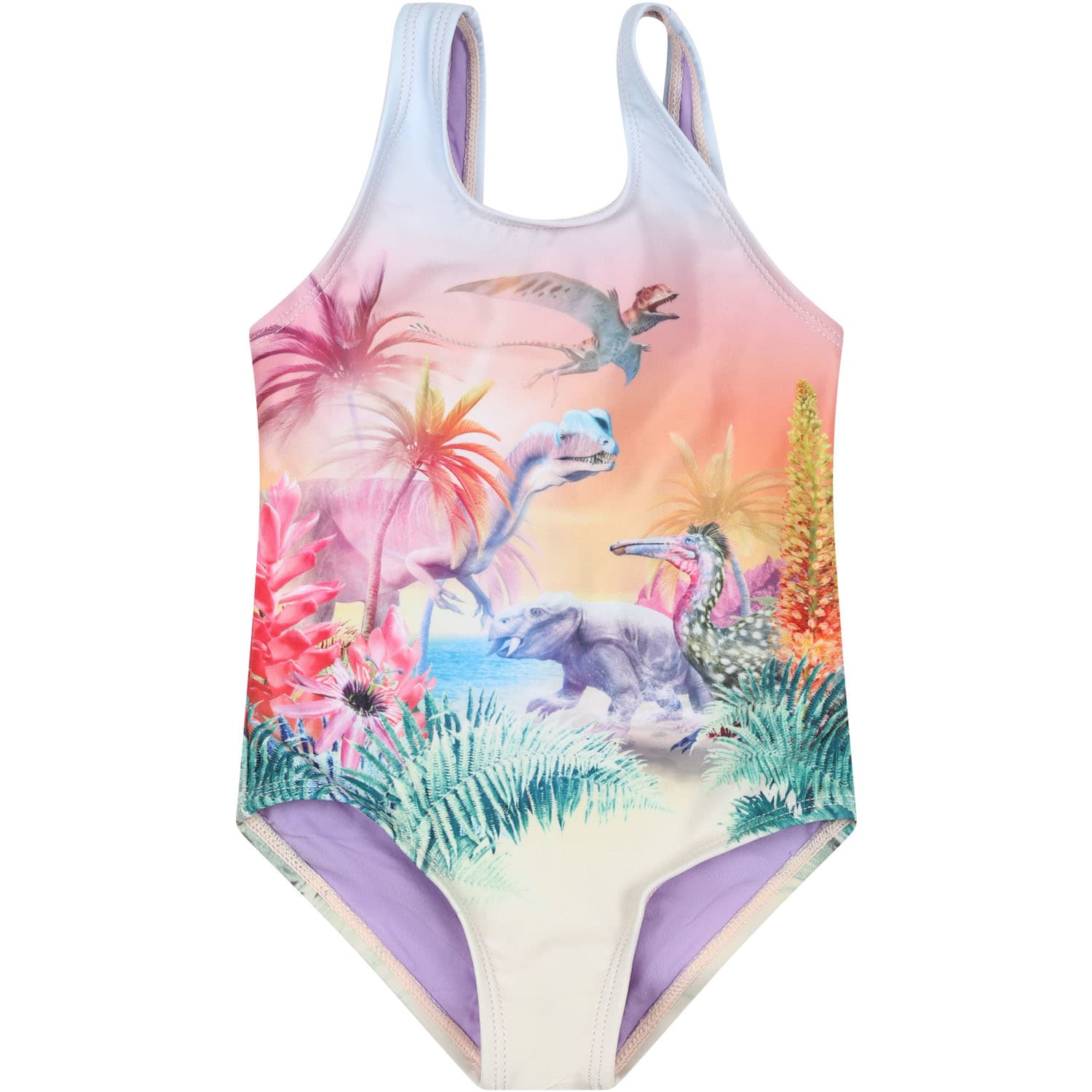 Shop Molo Purple One-piece Swimsuit For Bebe Girl With Dinosaur Print In Multicolor