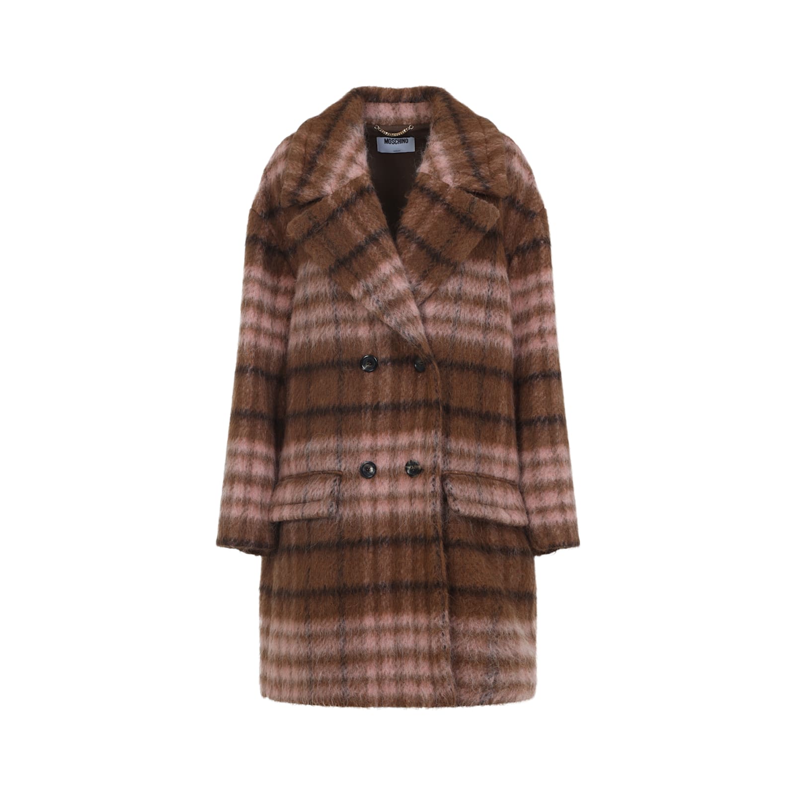 Moschino Plaid Double-breasted Coat Notched Lapels In Brown