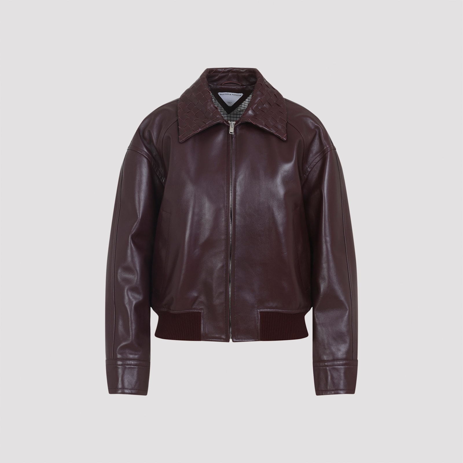 Bottega Veneta Leather Jacket Featuring Intrecciato Collar In Brown