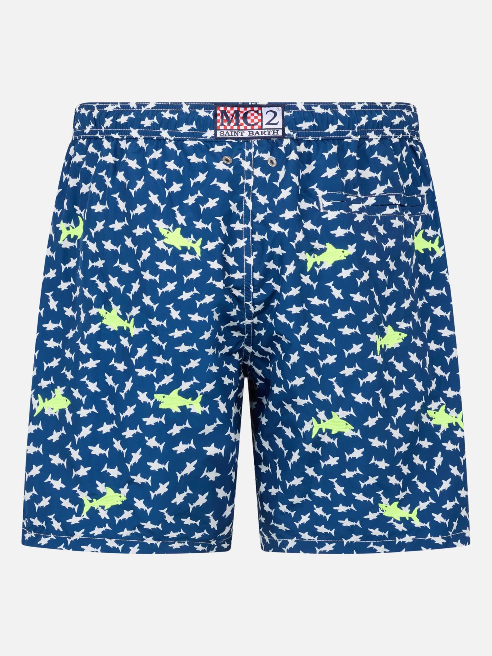 Mc2 Saint Barth Man Lightweight Fabric Swim-shorts Lighting With Sharks Embroidery In Blue