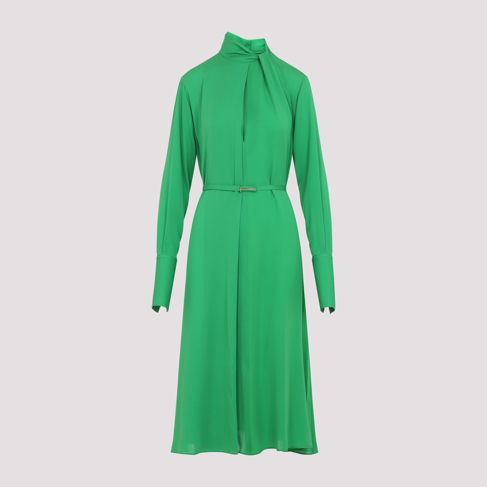 Tom Ford Silk Long Sleeve Midi Dress Belted In Green