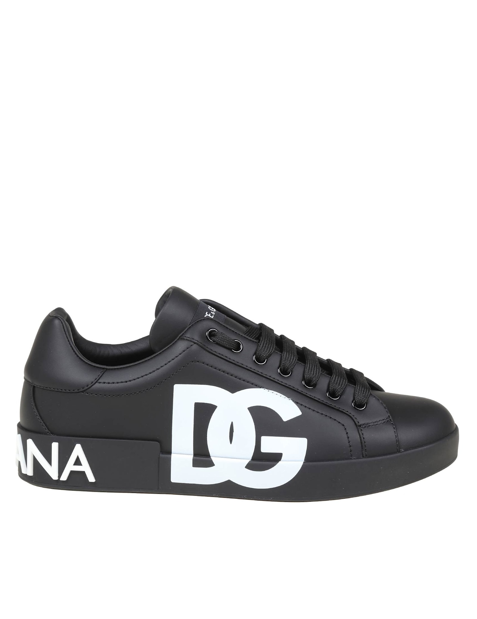 Shop Dolce & Gabbana Portofino Sneakers In Black Leather In Black /white