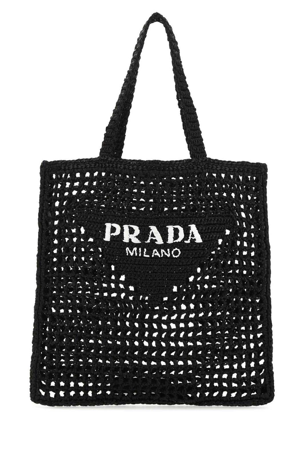 Shop Prada Logo Embroidered Woven Tote Bag In Nero