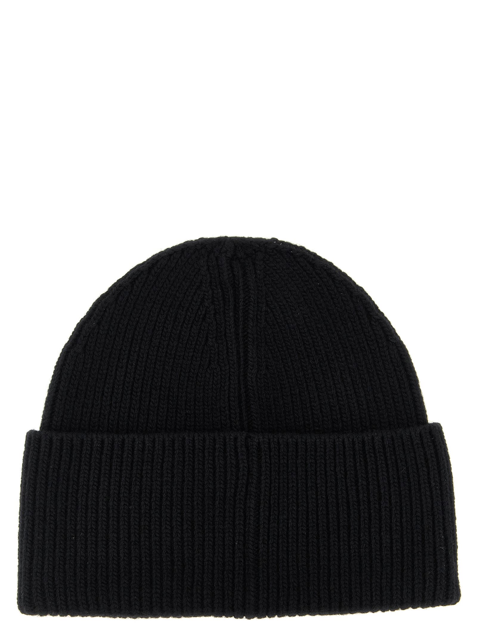 Moncler Black Wool Knit Logo Patch Beanie In Black