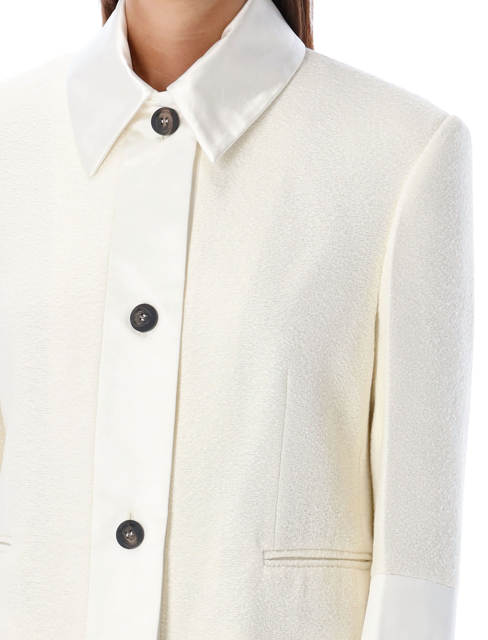 Shop Ferragamo Short Jacket With Satin Inserts In White