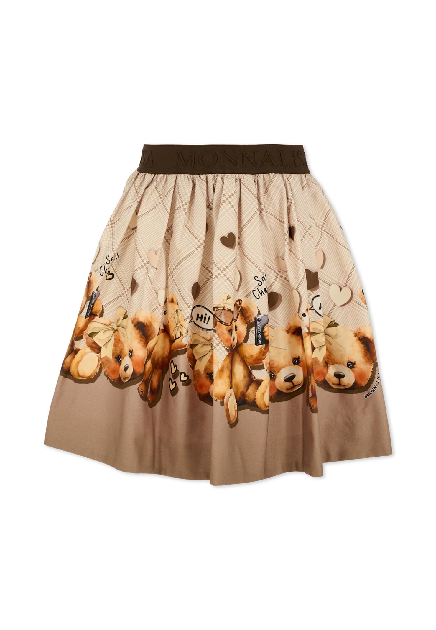 Monnalisa Beige Skirt With Elastic Waist With Logo Lettering And All-over Print In Cotton Stretch Girl In Brown