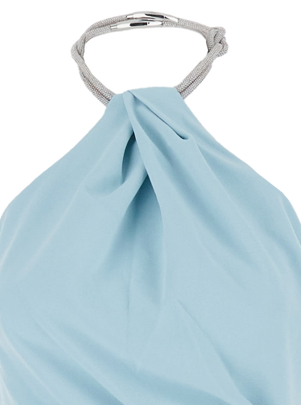 Solace London Riva Light Blue Long Dress With Rhinestone-embellished Neckline And Drape Details In Twill Woman In Blue
