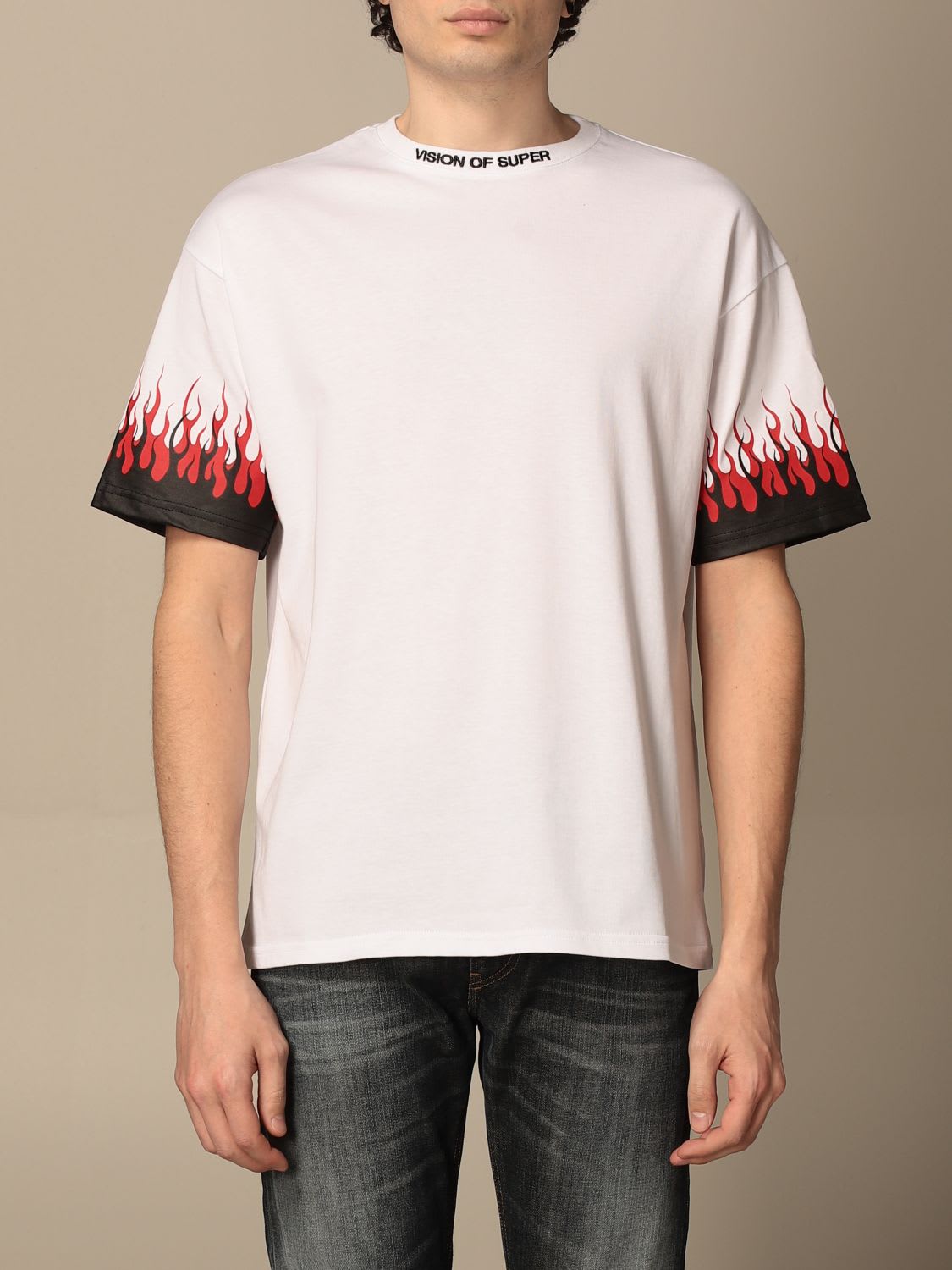 VISION OF SUPER VISION OF SUPER T-SHIRT VISION OF SUPER COTTON T-SHIRT WITH FLAMES,VOS/W1DOUBLE WHITE