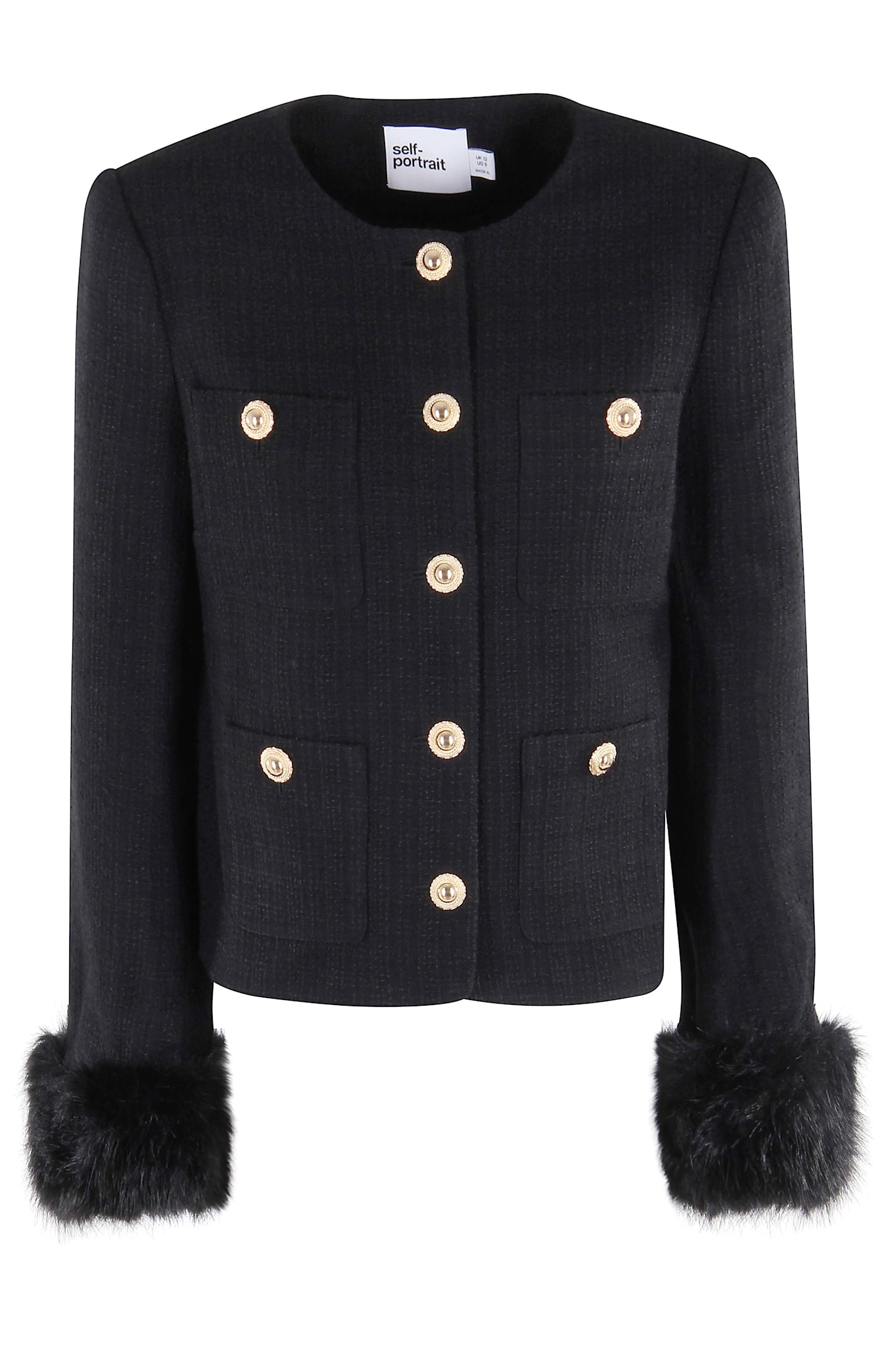 Self-portrait Black Boucle Fur Cuff Jacket In Black