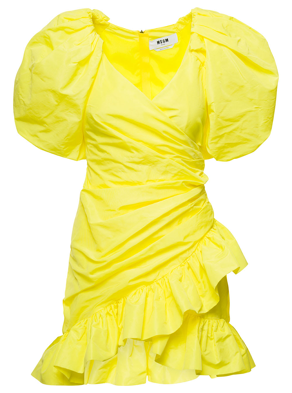 MSGM Mini Yellow Dress With Puff Sleeves And All-over Gatherings In Taffeta Woman