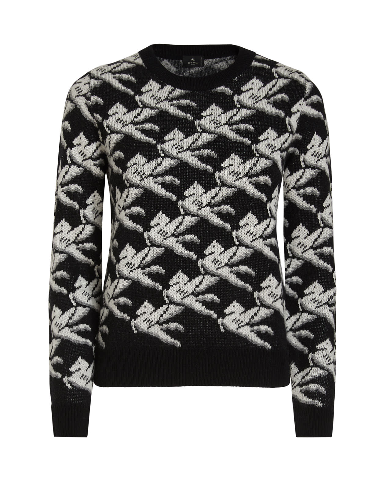 ETRO WOMAN BLACK KNIT PULLOVER WITH ALL-OVER INLAID PEGASUS