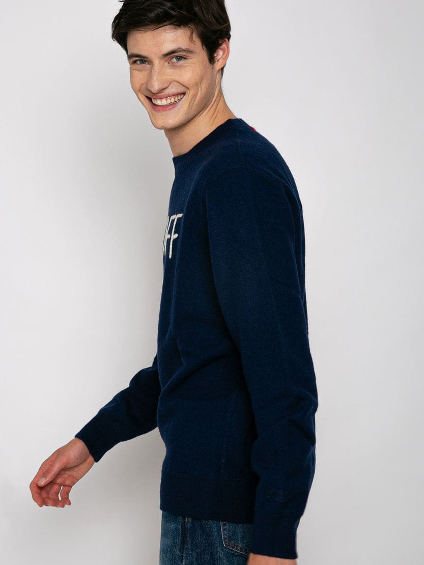 Shop Mc2 Saint Barth Man Crewneck Knitted Sweater With Day Off Embroidery In Blue