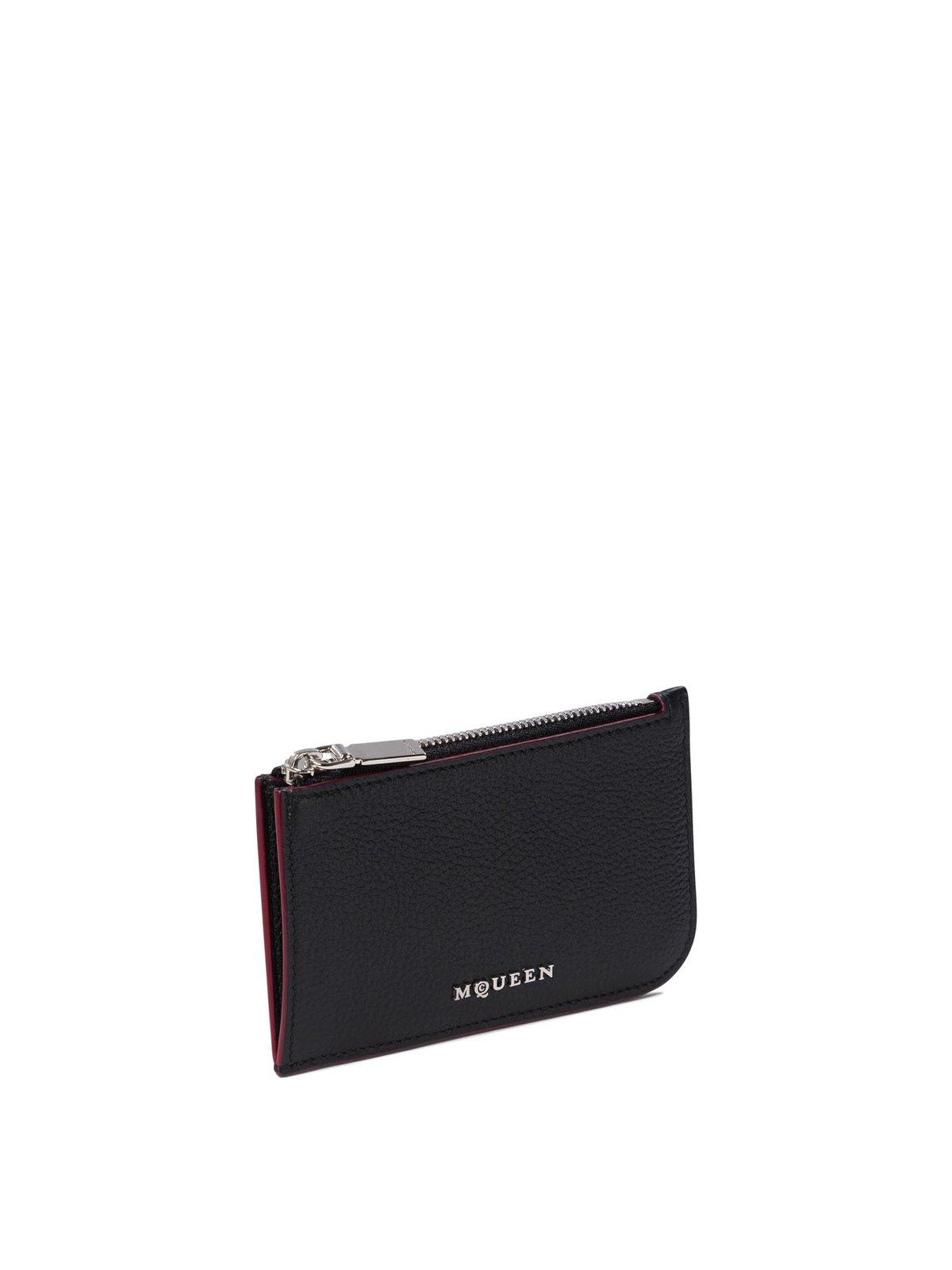 Alexander Mcqueen Black Pebbled Leather Card Holder With Zip In Black