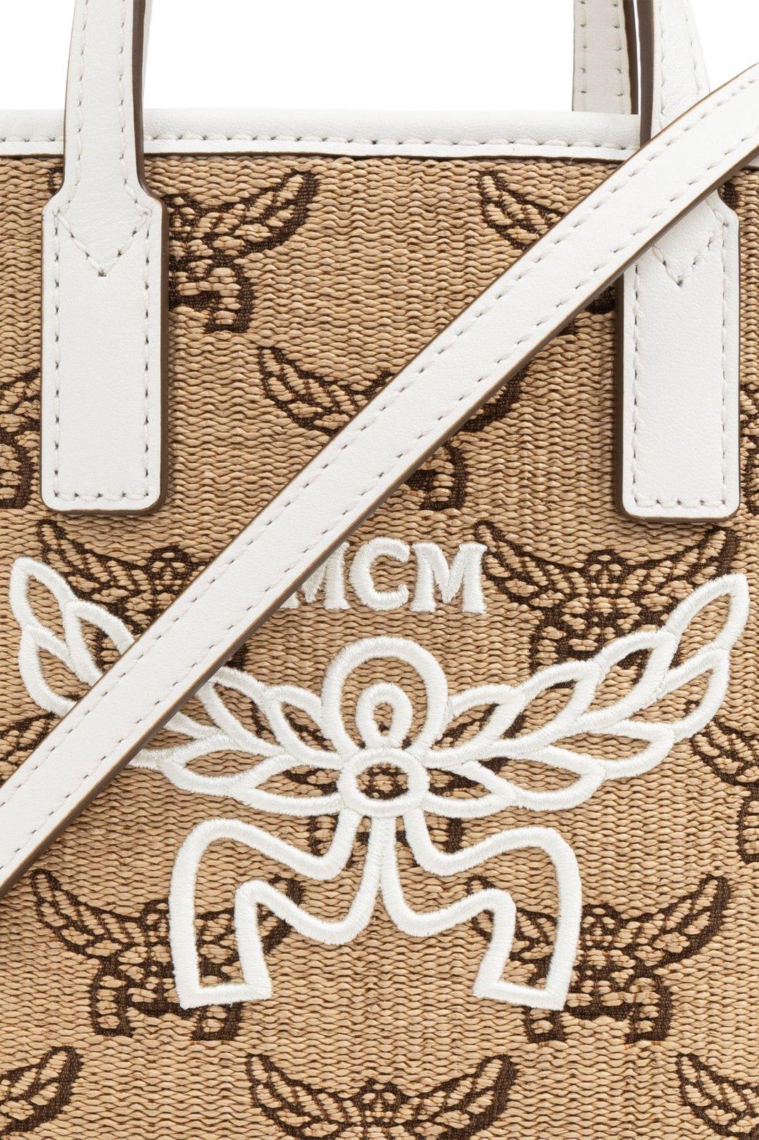 Mcm Monogrammed Logo Embroidered Tote Bag In Neutrals