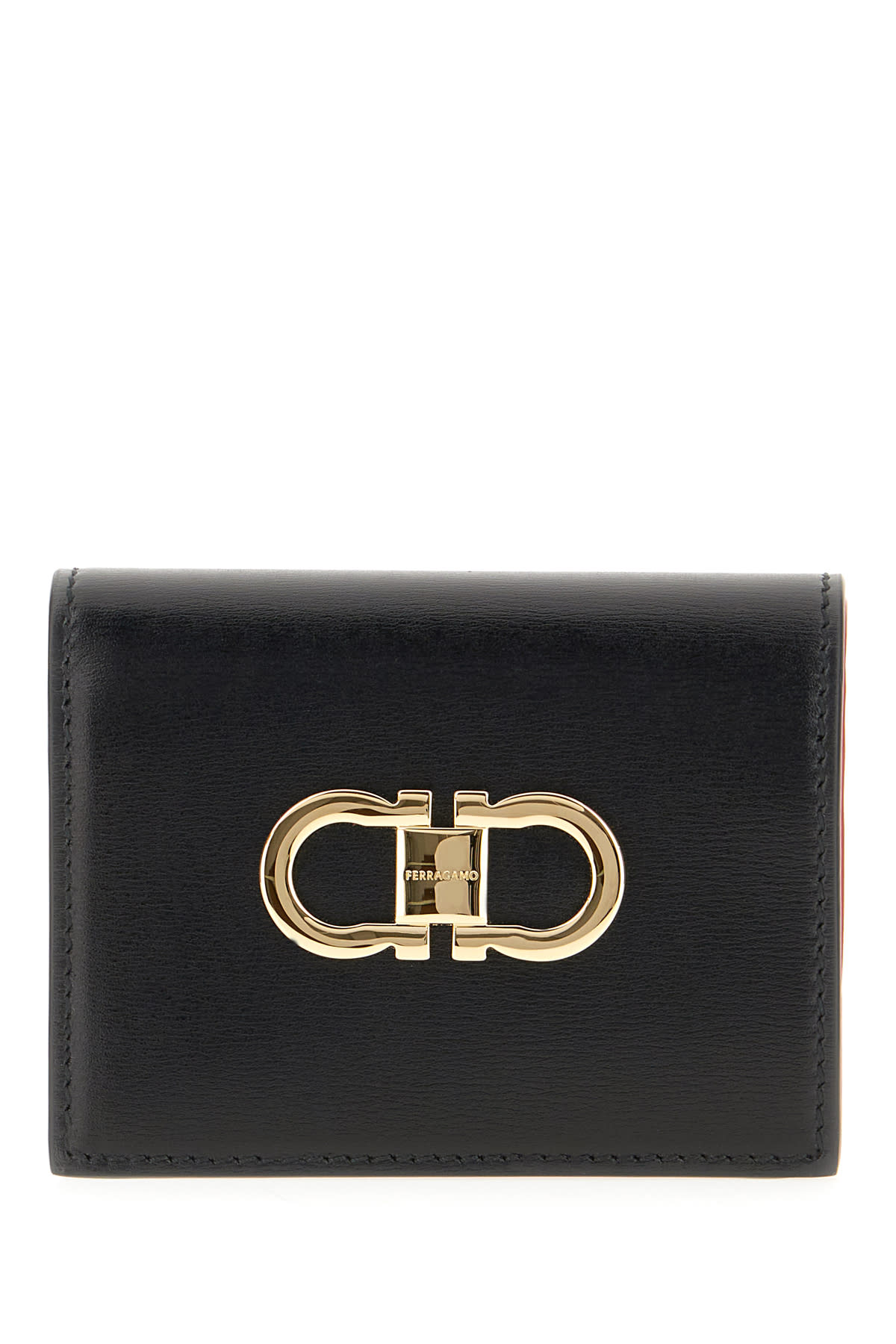 Ferragamo Black Leather Wallet In Nero Flame Red