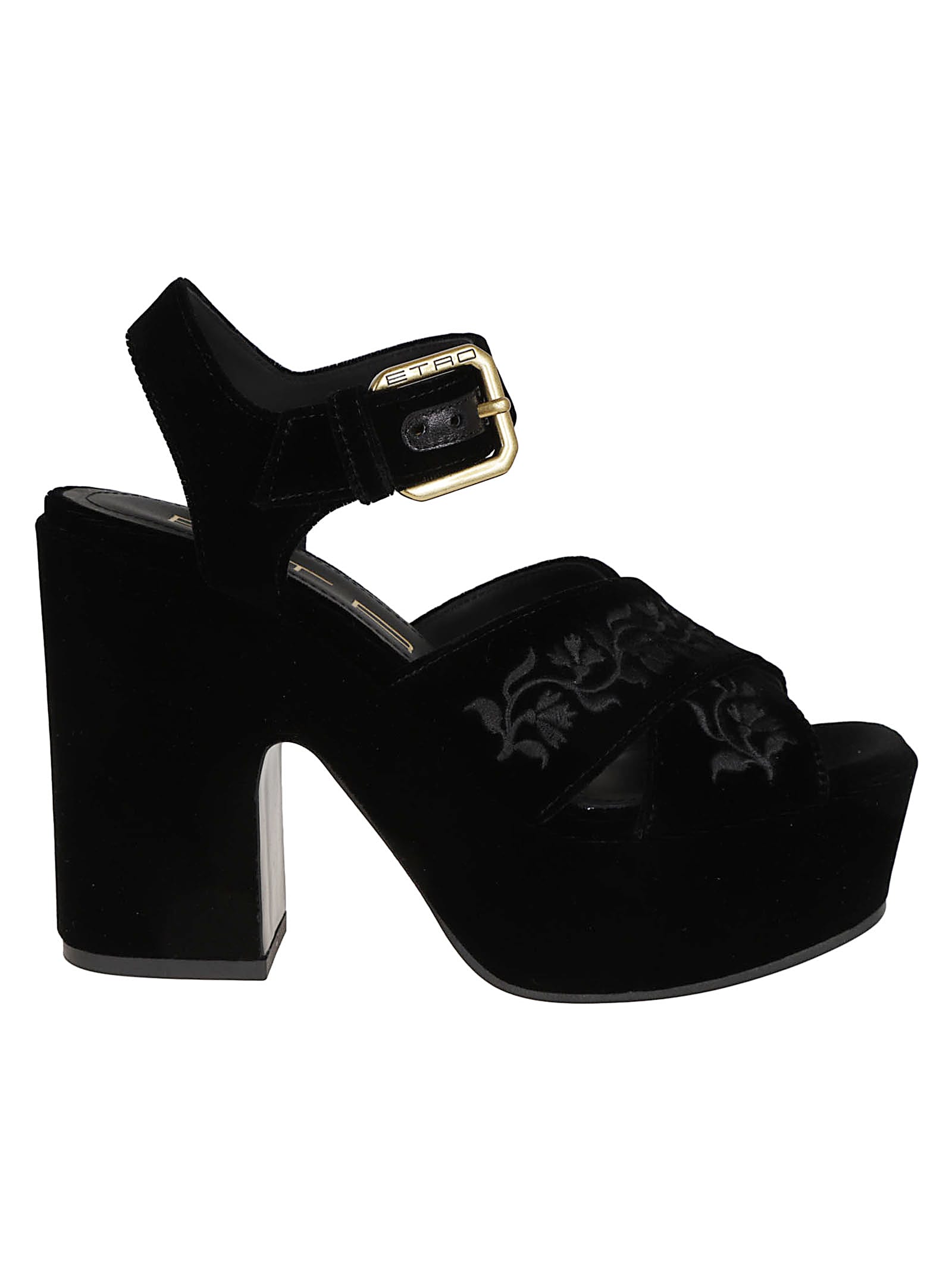 Etro Velvet Platform Sandals With Embroidery In Black