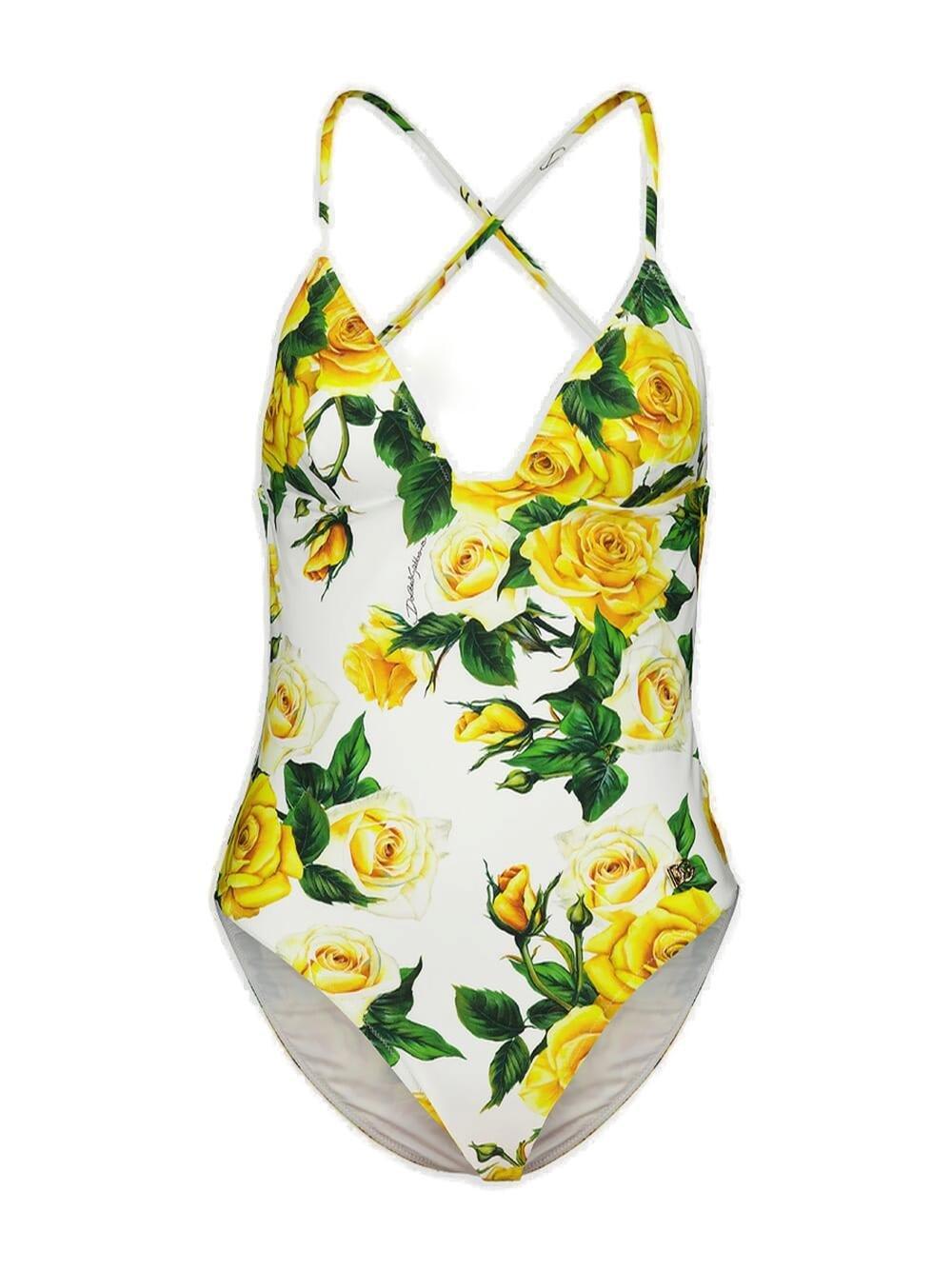 Shop Dolce & Gabbana Rose Printed One-piece Swimsuit In Yellow Rose