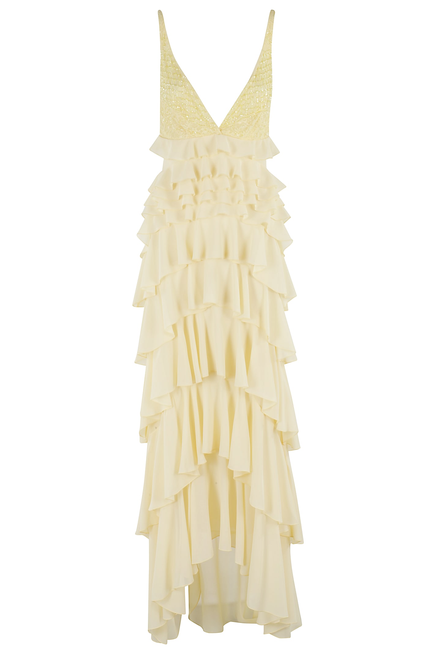 Elisabetta Franchi Lace And Ruffles Long Sleeve Dress In Lemonade