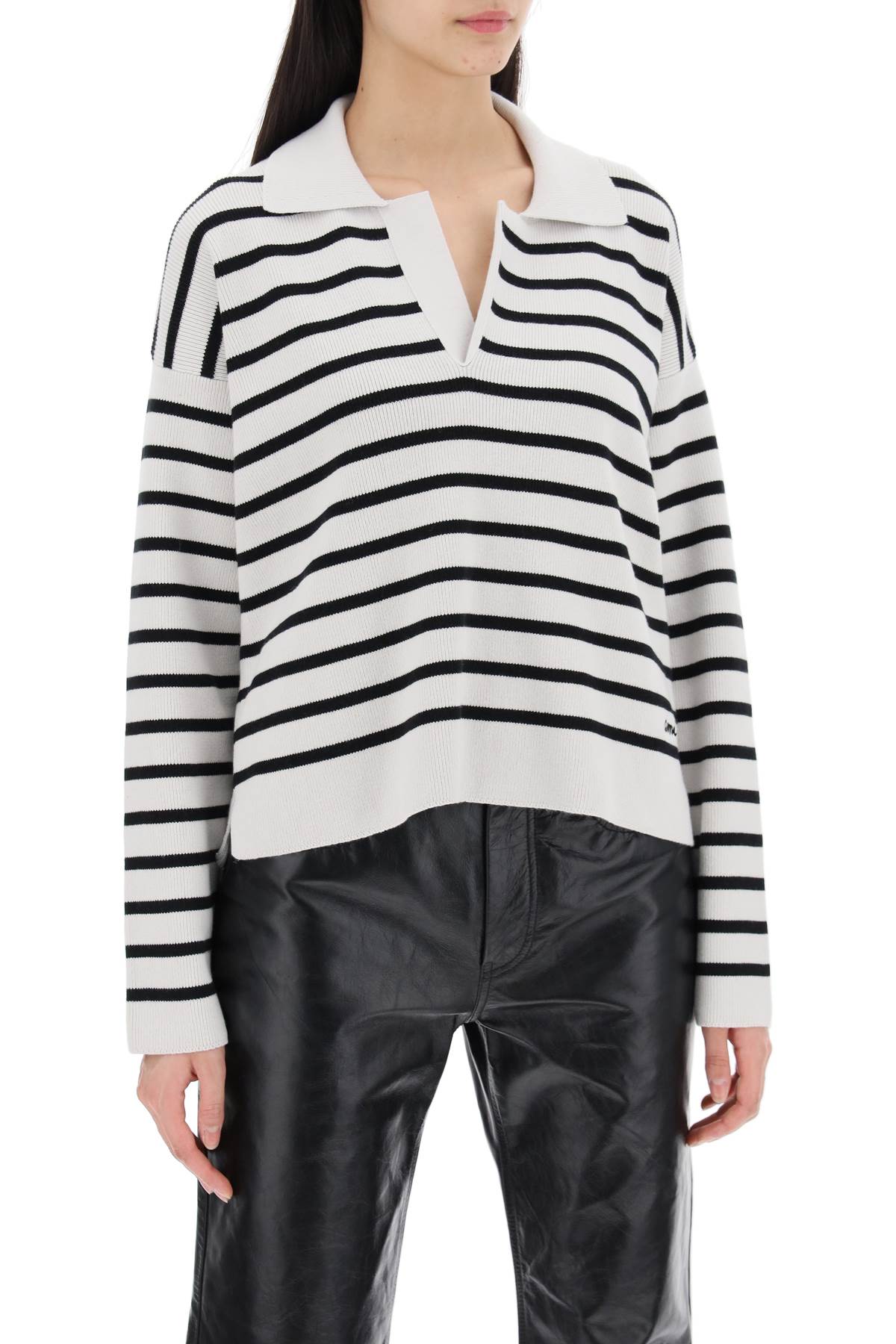 Shop Ami Alexandre Mattiussi Striped V-neck Magic Pullover Sweater. In Craie Noir (grey)