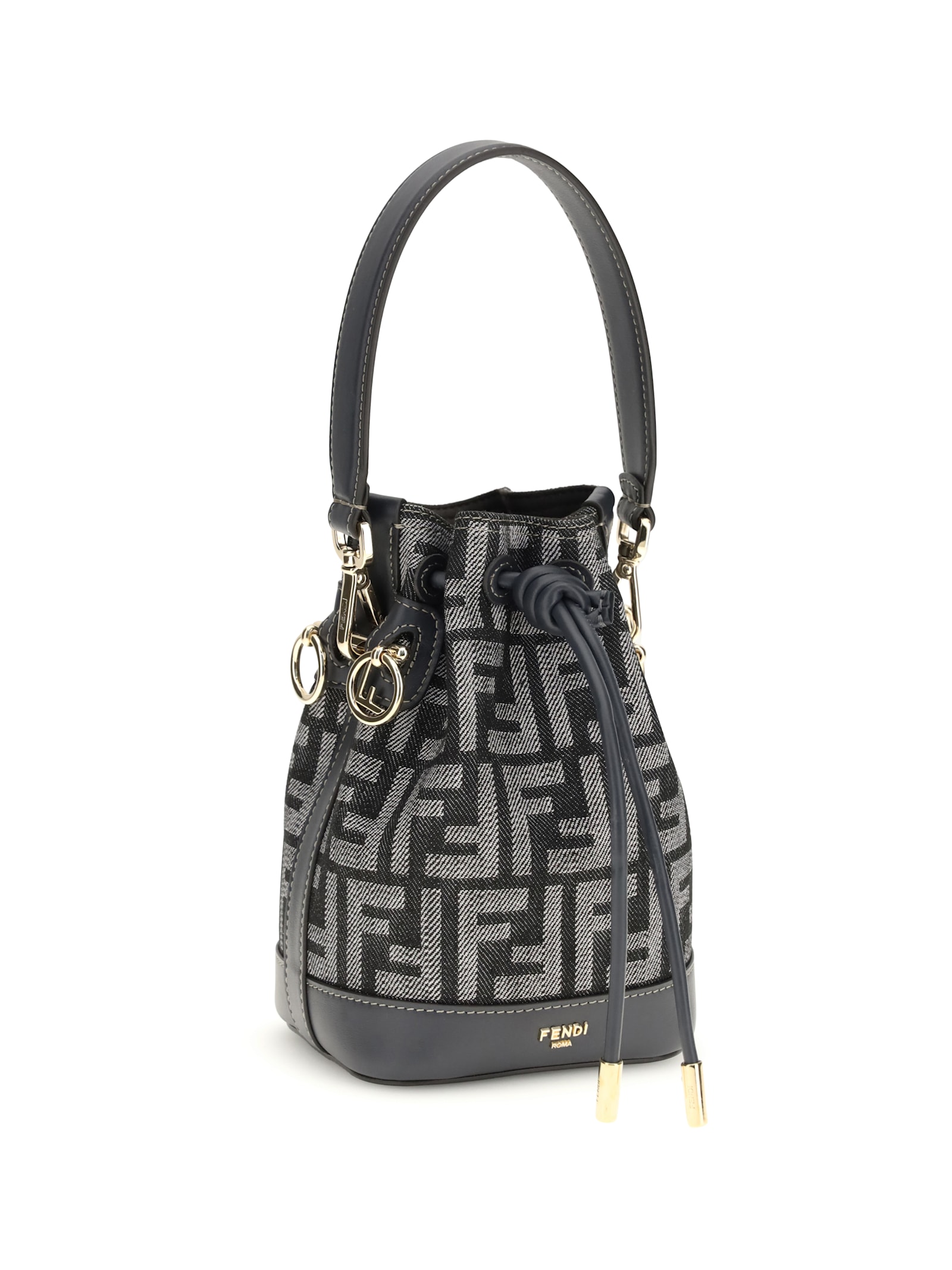 Fendi Women Mini Denim Effect Ff Jacquard Mon Tresor Bucket Bag In Gray