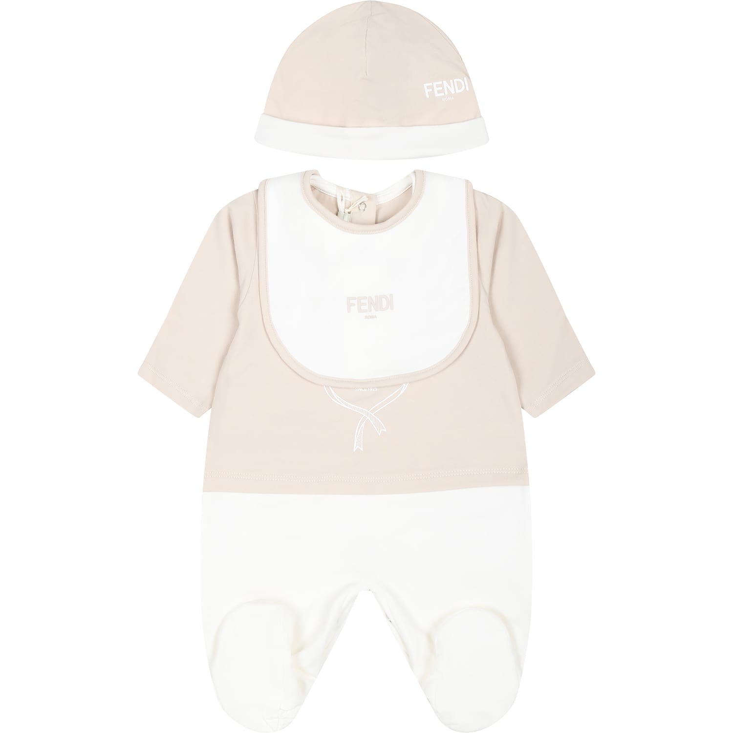 Fendi Beige Babygrow Set For Babykids With  Emblem In Neutral